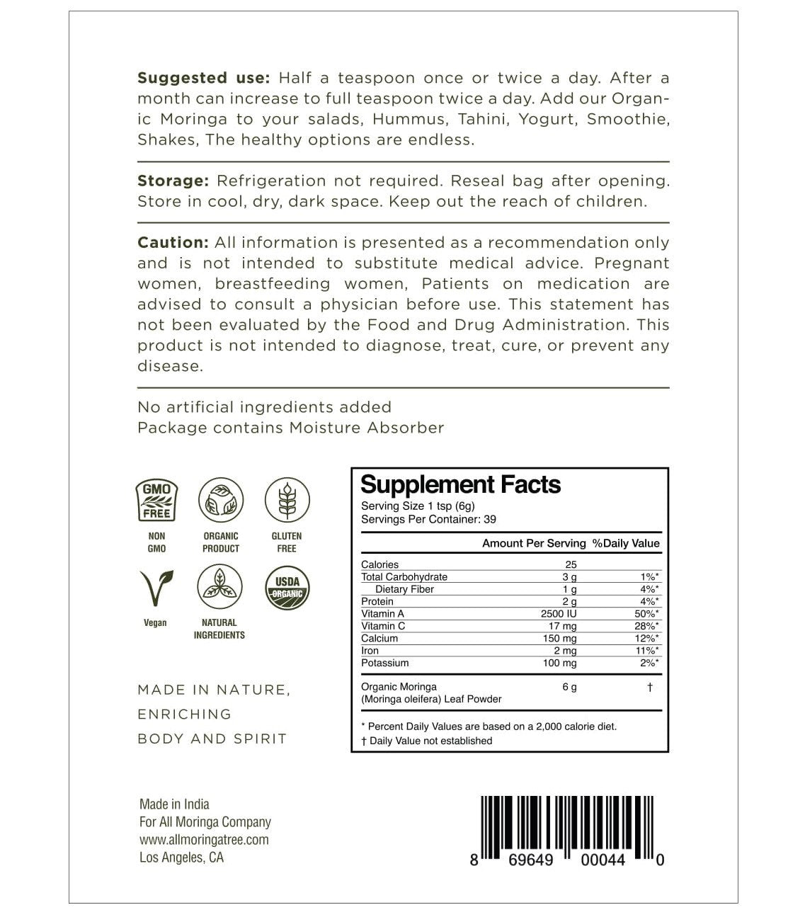 100% Organic Raw Moringa Oleifera Powder