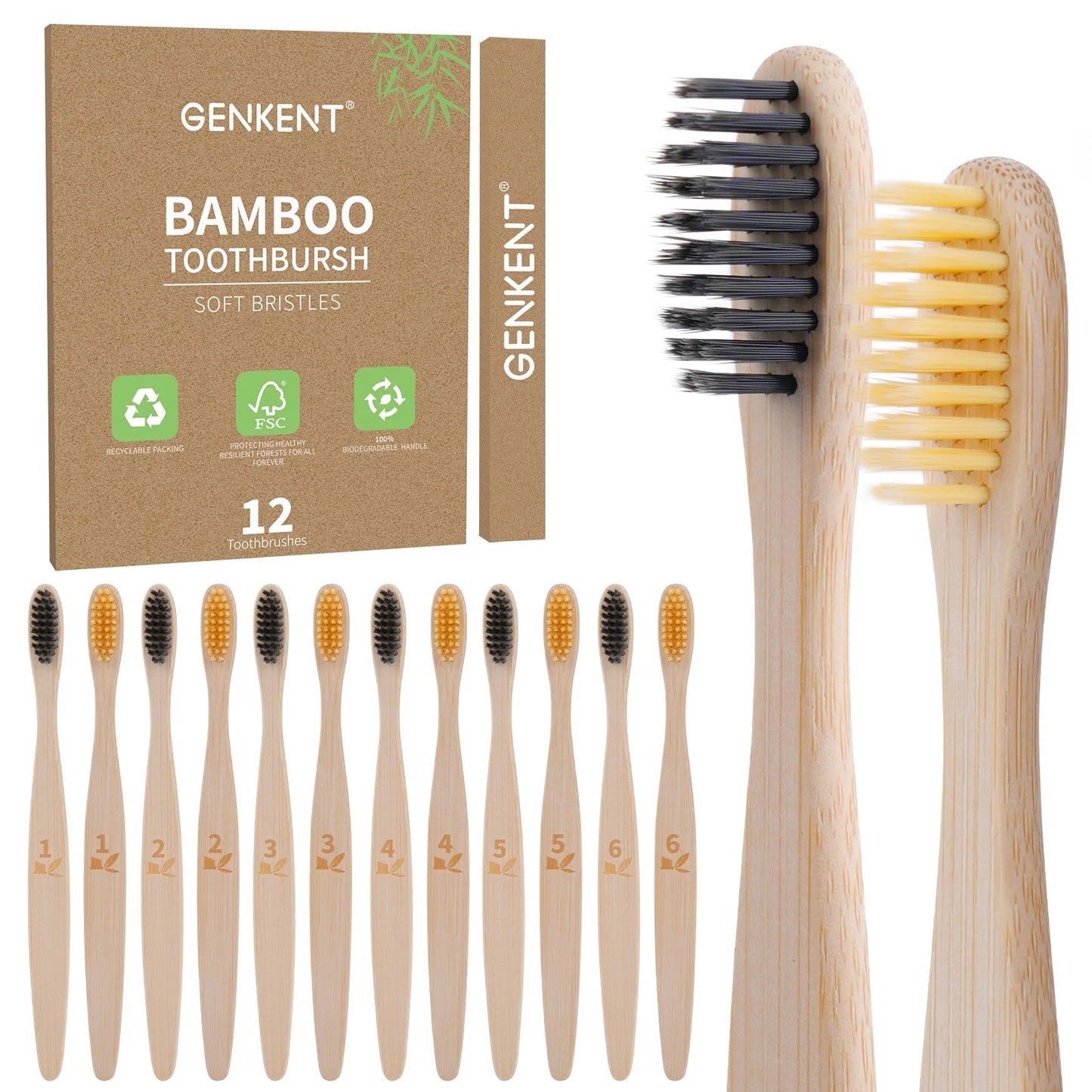 Bamboo Toothbrushes 12 Pack (Individually Wrapped)